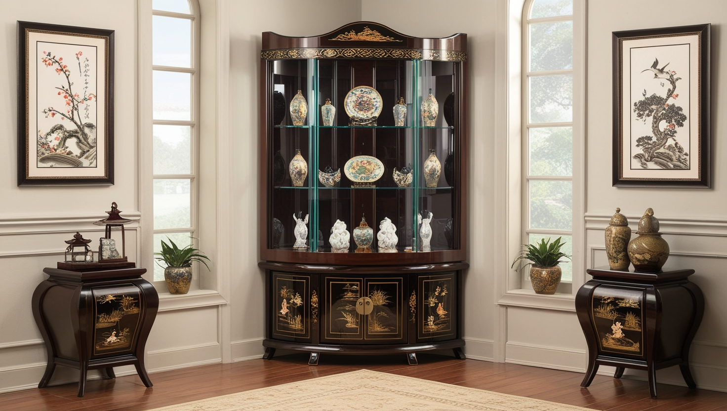 Curio Display Cabinet Oriental with Curved Glass Corner